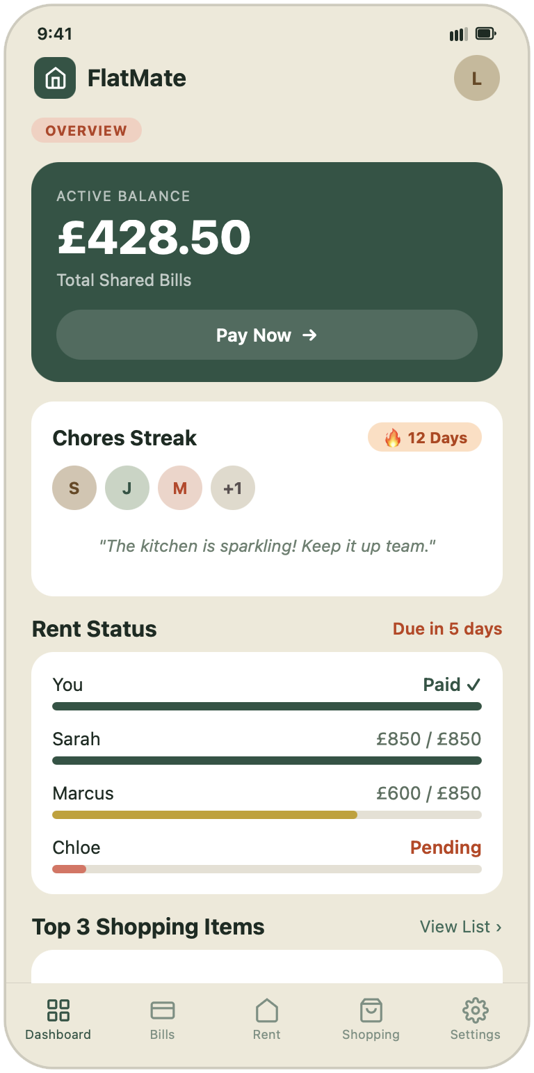 FlatMate app showing shared bills, rent status and chores streak