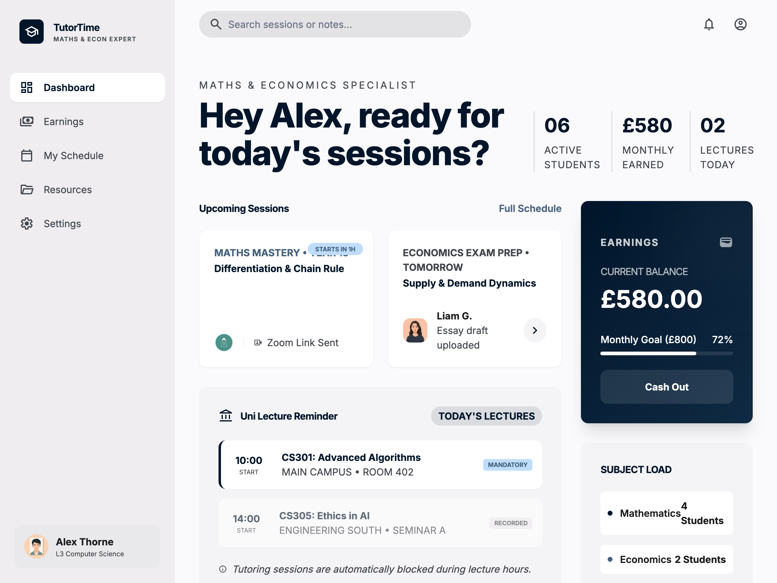 TutorTime dashboard showing sessions, earnings and student activity